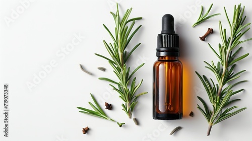 Top view of rosemary on a white background with a cosmetic dark bottle of rosemary essential oil, Generative AI.