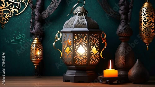Decorative Arabic lanterns with lit candles glow in the dark. Muslim holy month Ramadan Kareem. seamless looping 4k time-lapse animation video background photo