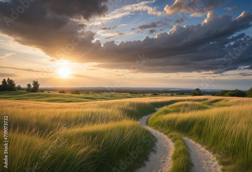 Serene ride through the lush meadows at dusk  with the sun sinking below the horizon and the tranquil waters mirroring the clouds