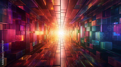 An abstraction illustration of a rectangular corridor-tunnel made of colored glass with a perspective stretching into the distance. Generative AI  