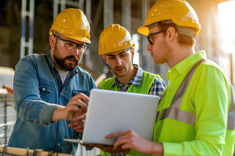 Smart team of engineers working on a laptop on a construction site Smart team of engineers working on a laptop on a construction site
