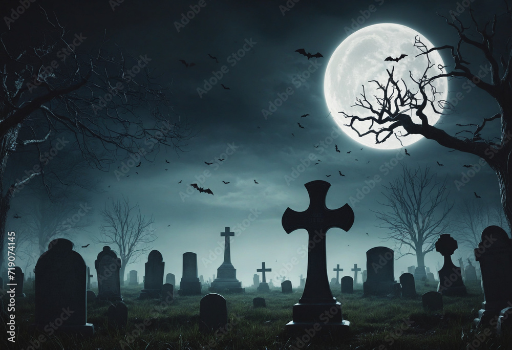Spooky night scene in a graveyard for Halloween. - obrazy, fototapety, plakaty 