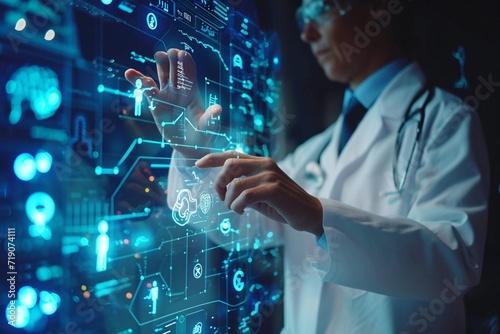 Medical Professional Interacting with Futuristic Digital Interface in Laboratory