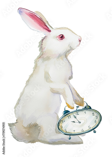 Beautiful watercolor hand painted bunny with a clock isolated on a white background. 