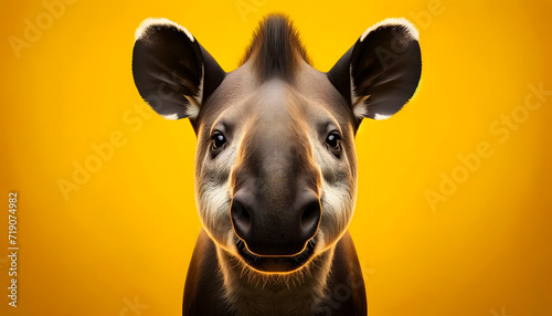 A close-up frontal view of a tapir on a yellow background