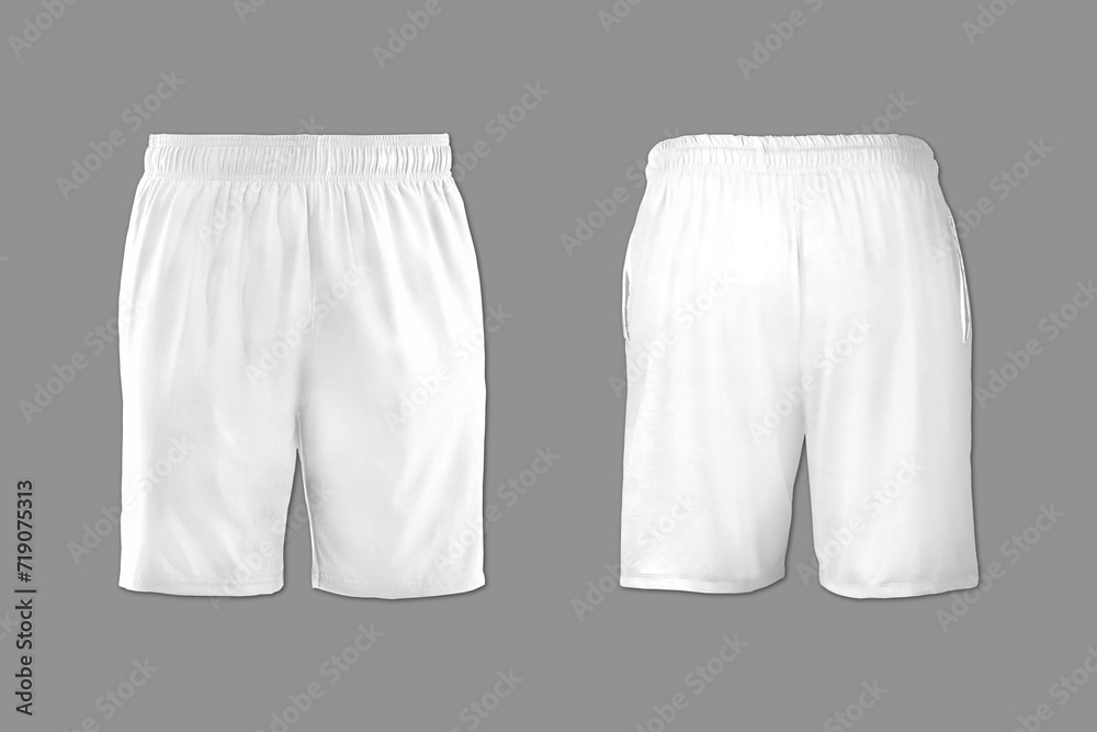 Realistic white shorts mockup isolated on a grey background. front and back view. 3d rendering. - obrazy, fototapety, plakaty 