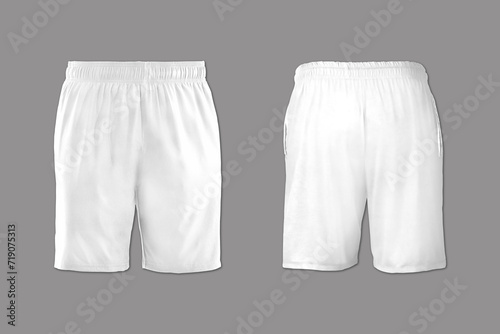 Realistic white shorts mockup isolated on a grey background. front and back view. 3d rendering.