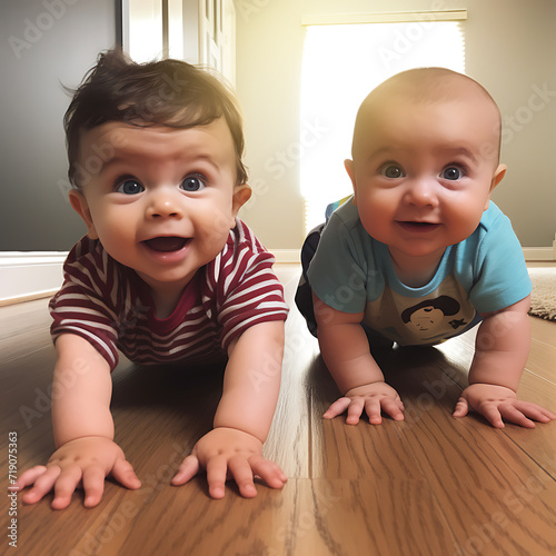 Cute two little baby boys crawling race Toddler children learning and playing to crawl on the floor home, baby smiling and happiness, playing, early development of children The are twin baby