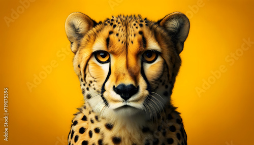A close-up frontal view of a cheetah on a yellow background © Massimo Todaro