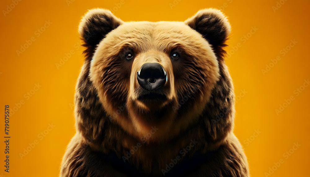 Obraz premium A close-up frontal view of a grizzly bear on a yellow background