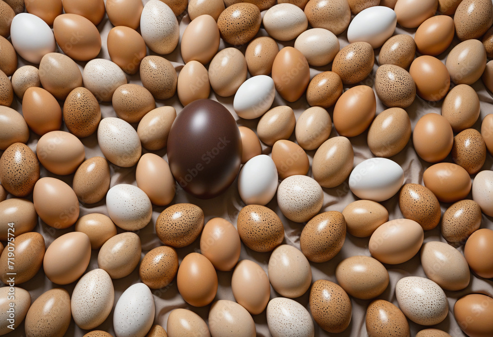 In a sea of ordinary shells, a mysterious brown egg with a mask stands out, suggesting hidden depths and untold stories. In a sea of ordinary shells, a mysterious brown egg with a mask stands out, suggesting hidden depths and untold stories.
