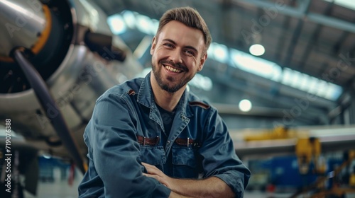 Specialist mechanic repairs the maintenance of large engine of passenger aircraft in hangar