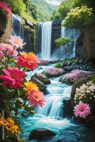 waterfall and flowers
