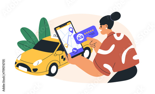 Ordering taxi online with mobile phone app. Internet cab car service in smartphone application. Passenger customer ranking, rating auto ride. Flat vector illustration isolated on white background