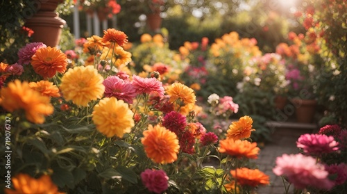 A stunning garden filled with vibrant flowers, basking in the warm rays of the sun.