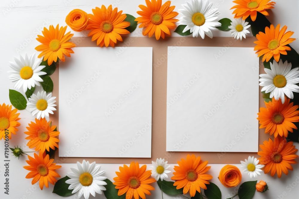 Blank paper sheet card with mockup copy space on orange and white flowers - Mockup Blank paper sheet card with mockup copy space on orange and white flowers - Mockup
