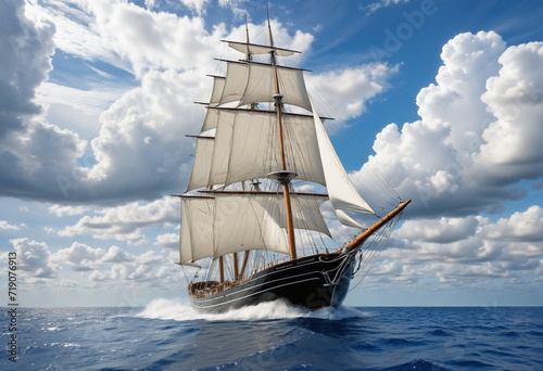 Beautiful sailing vessel making its way through the vast ocean, with towering mast against a backdrop of fluffy clouds, epitomizing adventure and freedom.