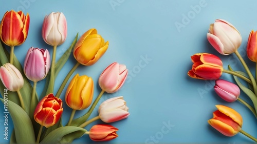Colorful blooming tulips border banner on blue background #719077141