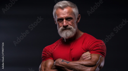 Look at this. Smiling middle aged muscular man in t shirt showing his biceps  while posing in studio over grey background.