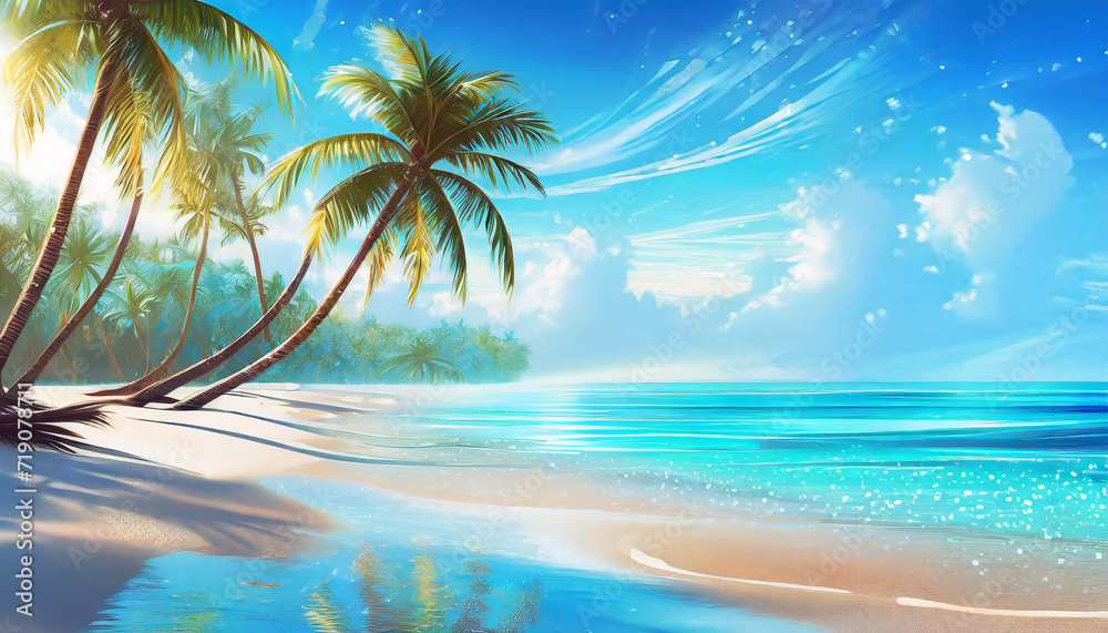 Illustration peinture plage vacances paradisiaque soleil palmier ciel bleu