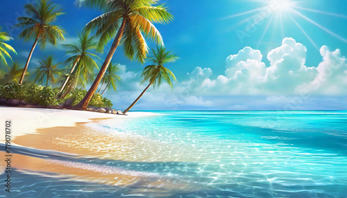 Illustration peinture plage vacances paradisiaque soleil palmier ciel bleu photo