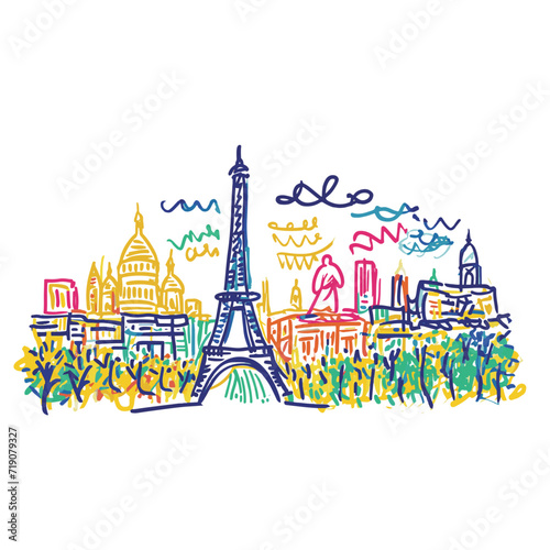 View of the Eiffel tower, Paris France in a hand drawn sketch style