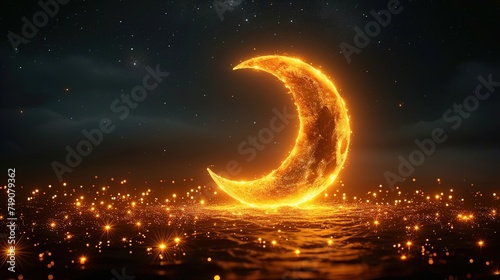 Crescent Moon of Golden with black glowing background Islamic greetings Ramadan festival