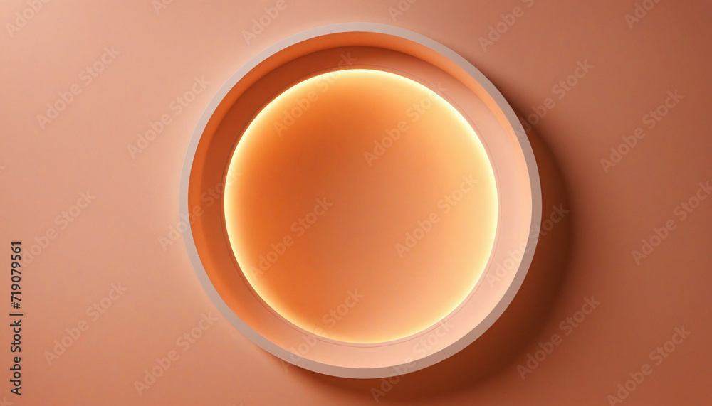Abstract geometric background with warm orange lighting and a glowing round hole in the wall. Abstract geometric background with warm orange lighting and a glowing round hole in the wall.