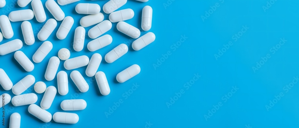 Des gélules de médicaments blanc pour pouvoir se guérir sur fond bleu Des gélules de médicaments blanc pour pouvoir se guérir sur fond bleu
