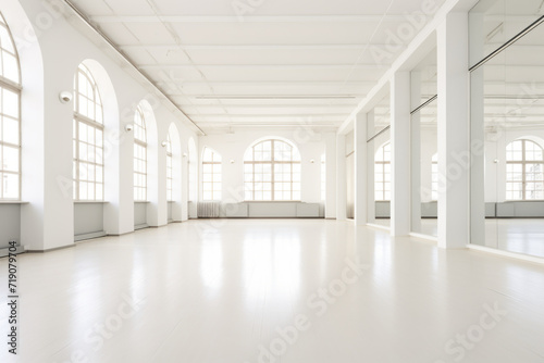 Empty white ballet dance room with big windows