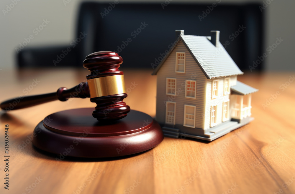 Judge gavel and house key on wooden background. Estate law concept Judge gavel and house key on wooden background. Estate law concept