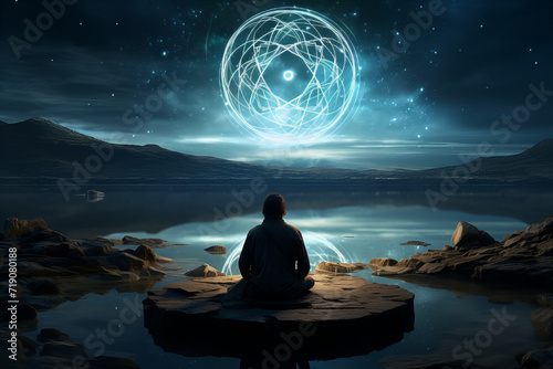 Meditation under Cosmic Energy, solitary figure meditates on a rock, beneath a glowing cosmic orb reflecting on tranquil waters against a night sky
