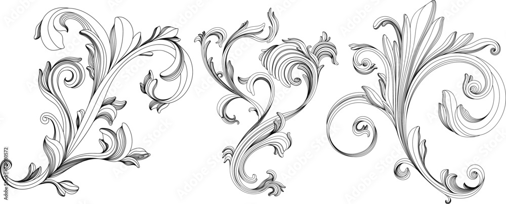 Hand drawn baroque decorative set.  Element filigree calligraphy for design collection.