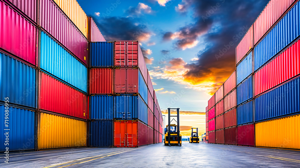 Fototapeta premium Industrial Harbor at Dusk, Cargo Containers and Cranes in a Busy Shipping Port
