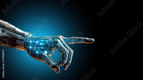 Robotic hand touching on solid blue background, AI hand
