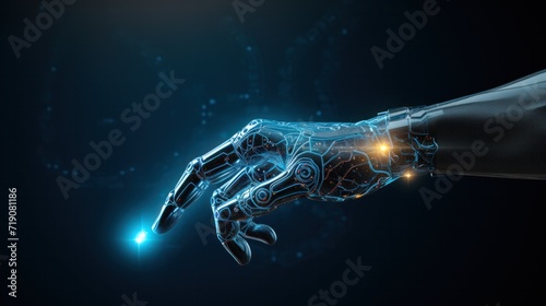 Robotic hand touching on solid blue background, AI hand