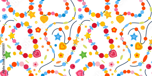 Pattern with bracelets with colorful beads different forms.Kids cute wristlet.Beads bracelets pattern.Cute bangles beads,DIY. Cartoon children's jewelry vector seamless pattern on white background.