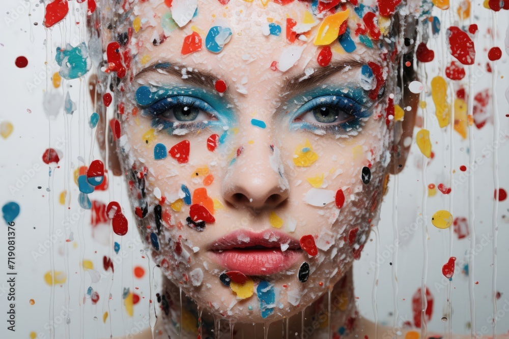 Closeup portrait of a beauty fashion woman model in a splash of water drops in paint confetti.