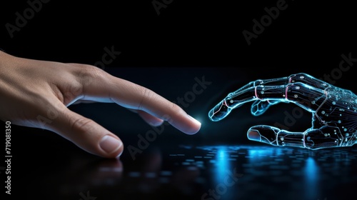 Robotic hand touching on solid blue background, AI hand
