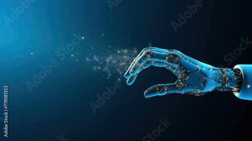 Robotic hand touching on solid blue background, AI hand
