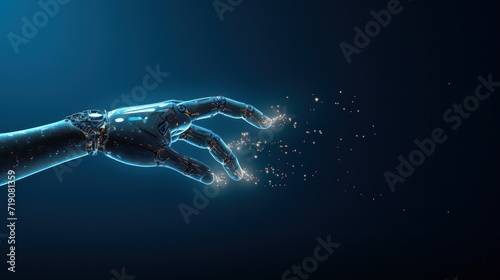 Robotic hand touching on solid blue background, AI hand