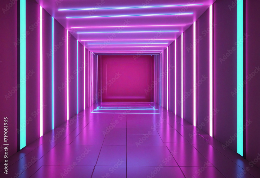Glowing Tunnel of Neon Lights with Laser Lines and LED Technology in Cyber Club Stage Room. High-speed Data Transfer on Fast Network. Glowing Tunnel of Neon Lights with Laser Lines and LED Technology in Cyber Club Stage Room. High-speed Data Transfer on Fast Network.