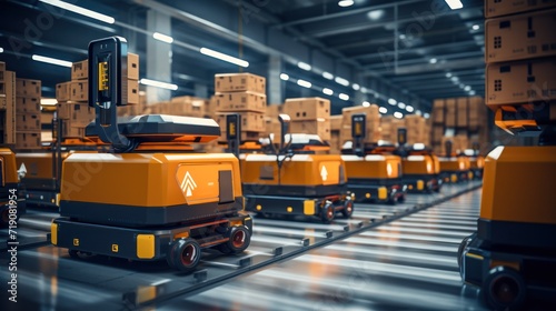 Autonomous robots moving shelves with cardboard boxes in automated warehouse