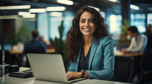 A smiling businesswoman works diligently on her laptop in the comfort of her home office, seamlessly blending work and happiness. Generative AI.