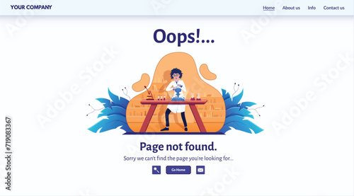 Scientist woman experimenting with chemicals, laboratory accident image. Female lab technician spills liquids resulting in animated error message.