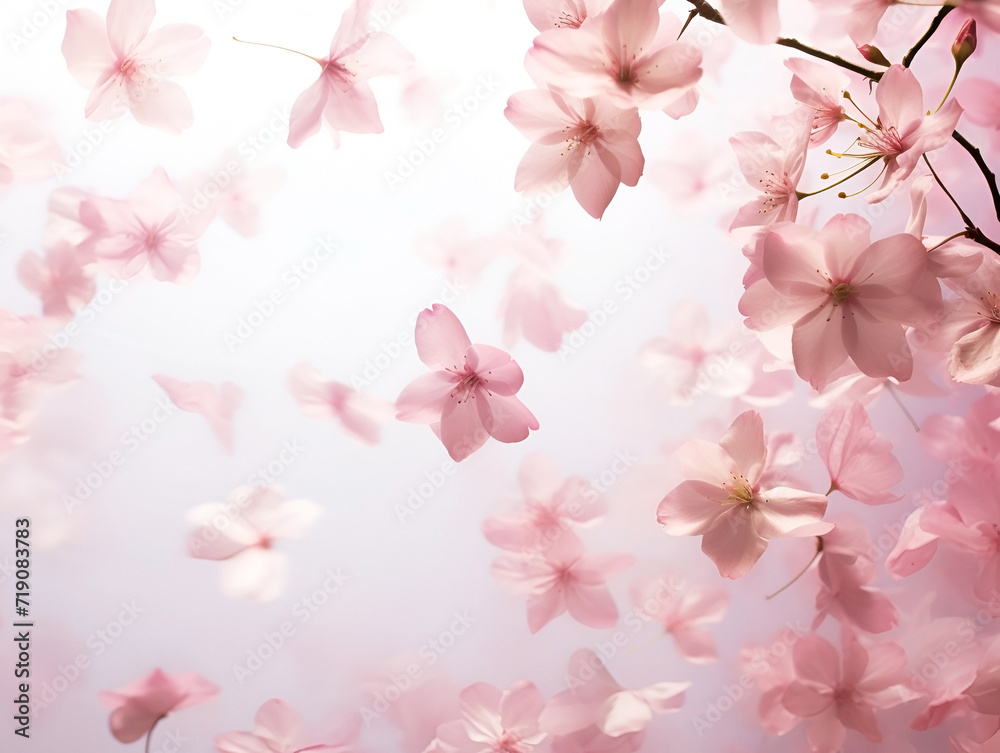 scattered pink cherry blossoms on a white background