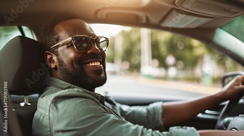 Happy black guy in casual driving car, inside shot. copy space for text. © Naknakhone