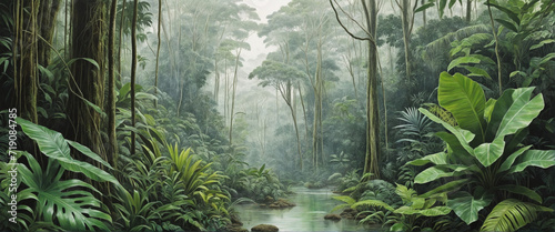 Watercolor Drawing of Lush Jungle Flora and Fauna. Wide Format, Nature-Inspired Artwork.