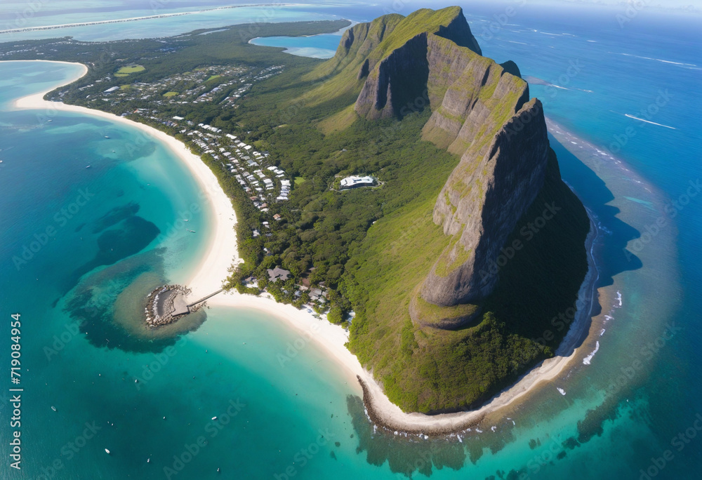 Aerial view of Le Morne Mountain in Mauritius, Africa - obrazy, fototapety, plakaty 