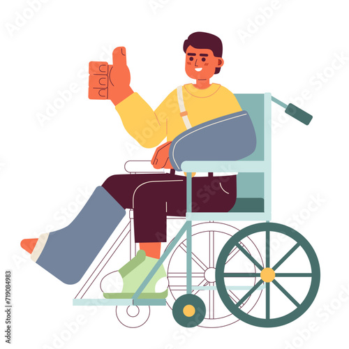Trauma recovery positive attitude cartoon flat illustration. Cheerful wheelchair man thumb up showing 2D character isolated on white background. Happy accident rehabilitation scene vector color image